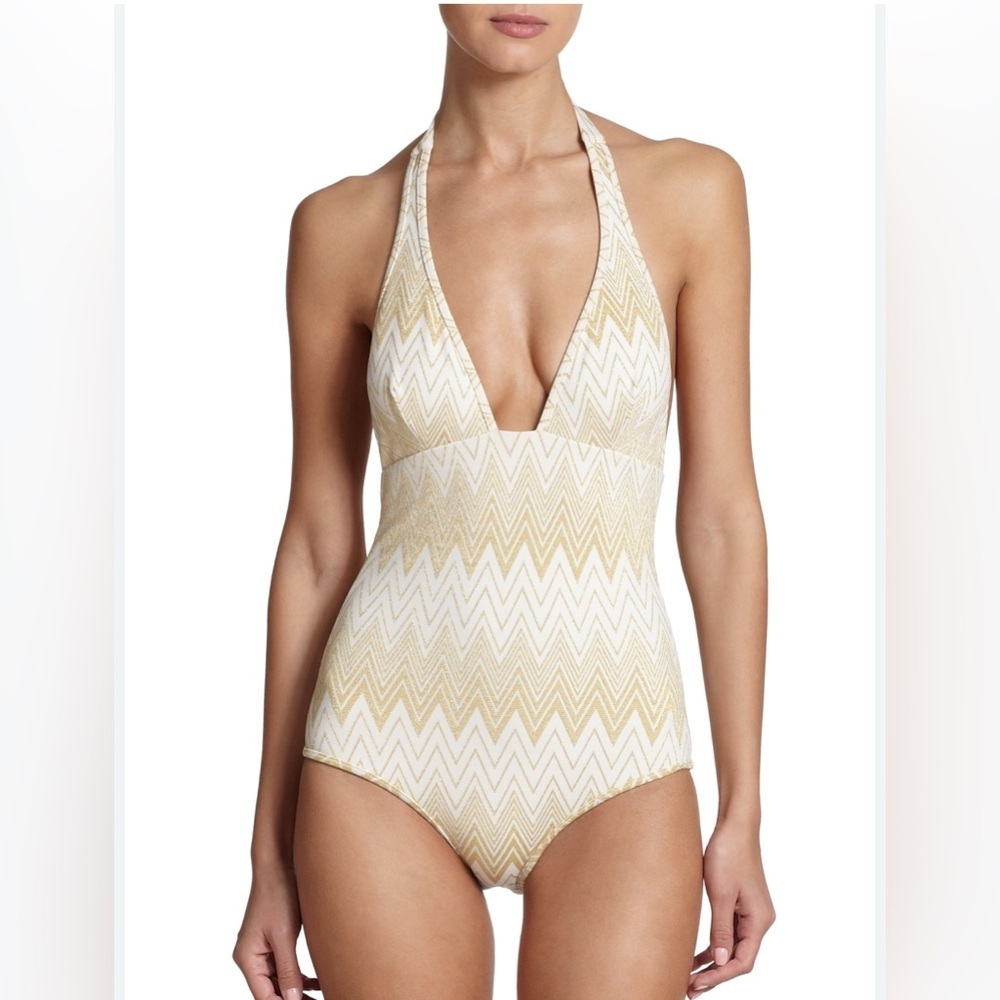 Shoshanna Gold Geometric Halter One Piece Swimsuit size 2 NWOT see below A9